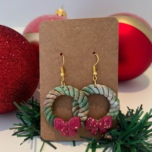Handmade polymer clay Christmas holiday wreath earrings